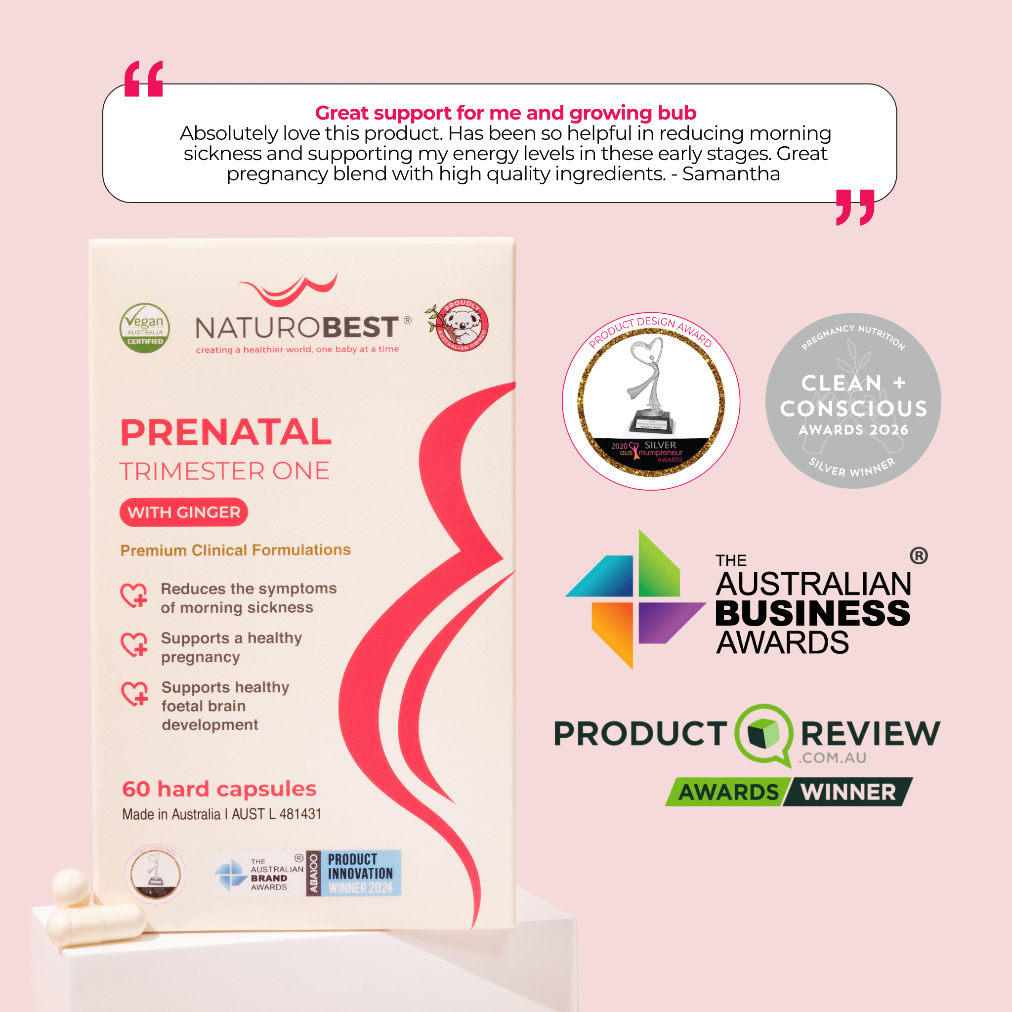 NaturoBest Prenatal Trimester One with Ginger with award badges